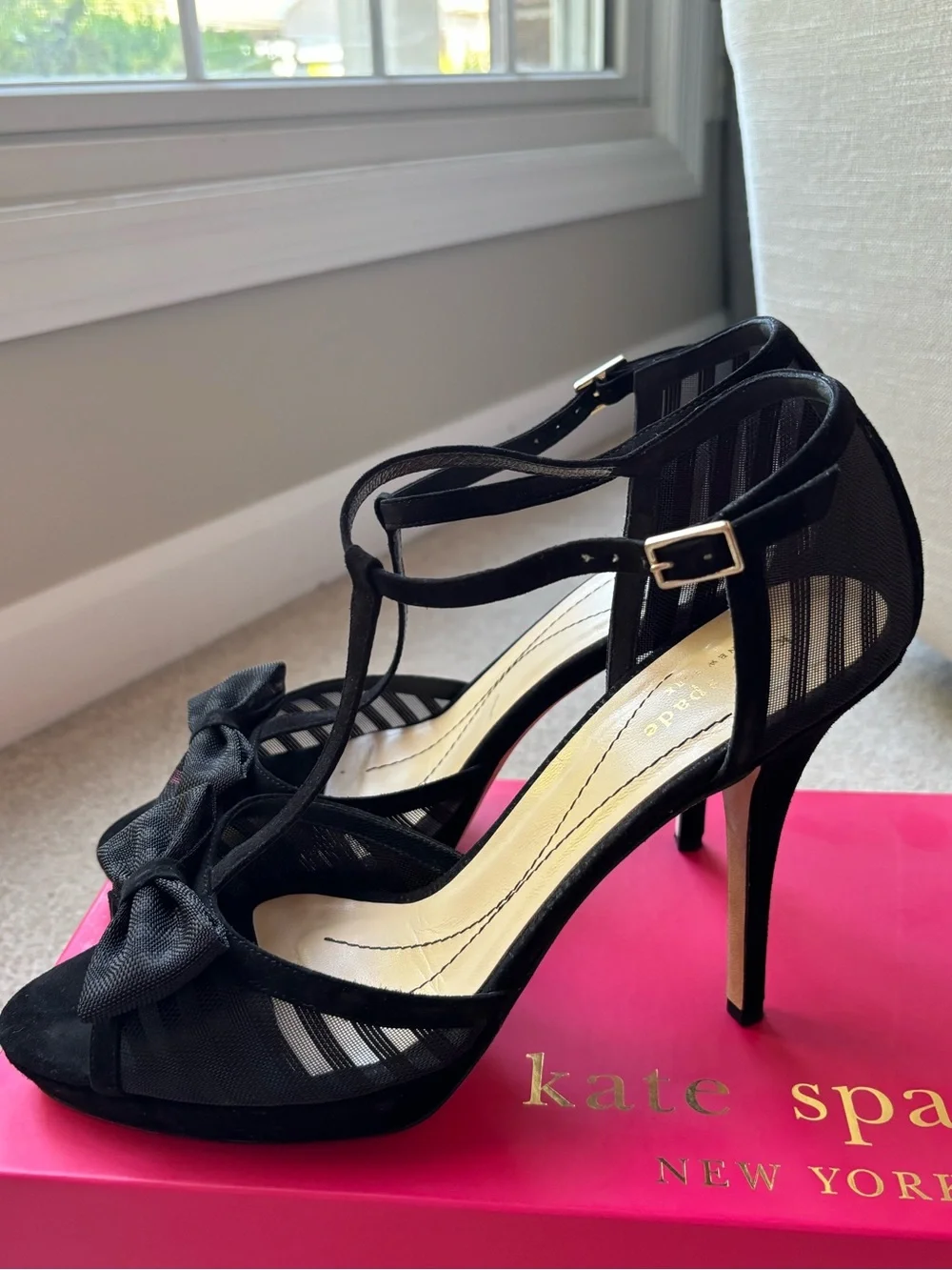 Kate Spade Black T-Strap Mesh Bow High Heel Sandals